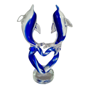 Glas Delfin M�rkBl� med Hjerte 21cm h�j