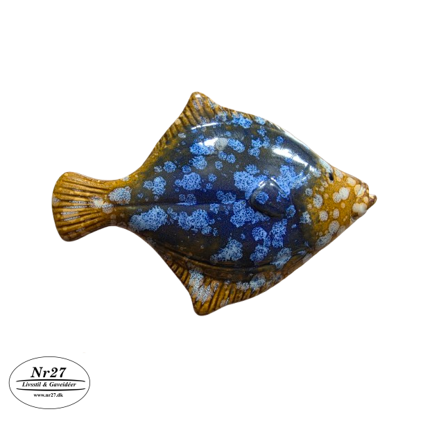 Flad Fisk i keramik m�rkebl� 15cm