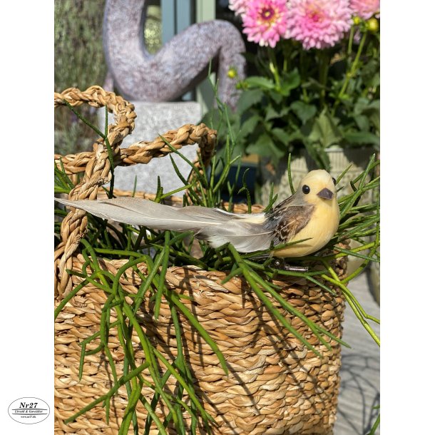 DEKO FUGL LYSEGUL MED NATURHALE L14CM