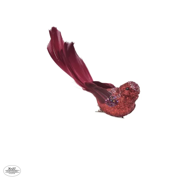 DEKO FUGL MED GLIMMER RD L 14CM