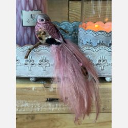 DEKO FUGL MED PERLE ROSA L21CM