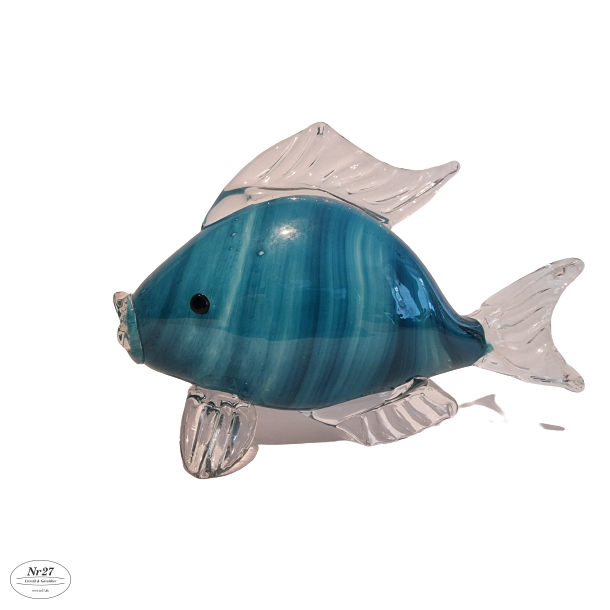 Glas Fisk med mrkebl striber 19 cm hj