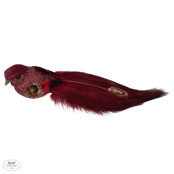LA VIDA DEKO FUGL MED PERLE BORDEAUX L 18CM