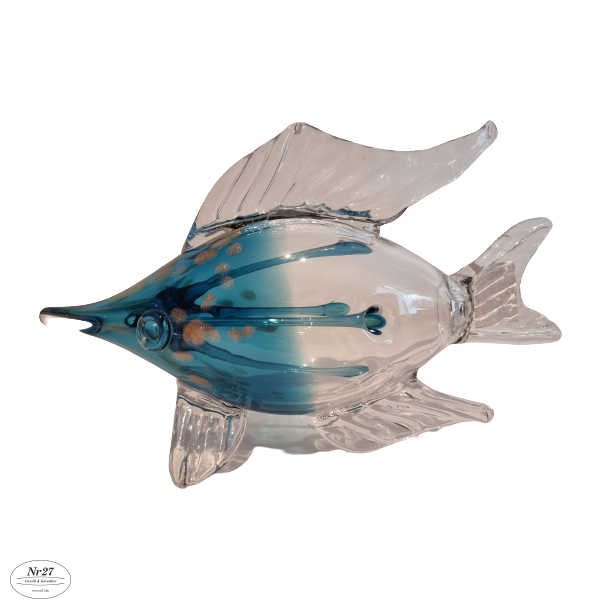 Glas Fisk i bl og klar glas 19,5 cm hj